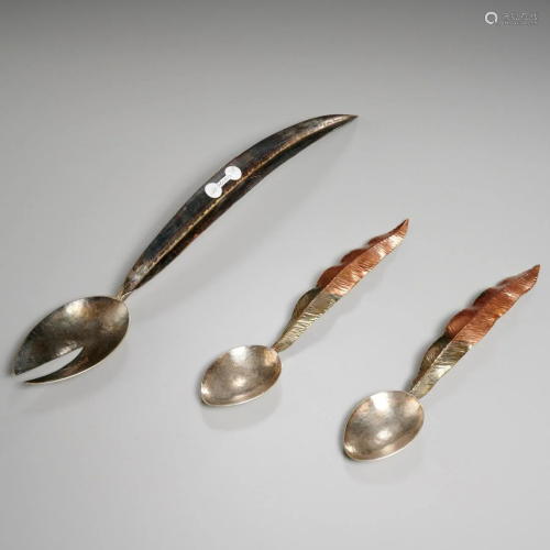 (3) Designer sterling feather serving utensils