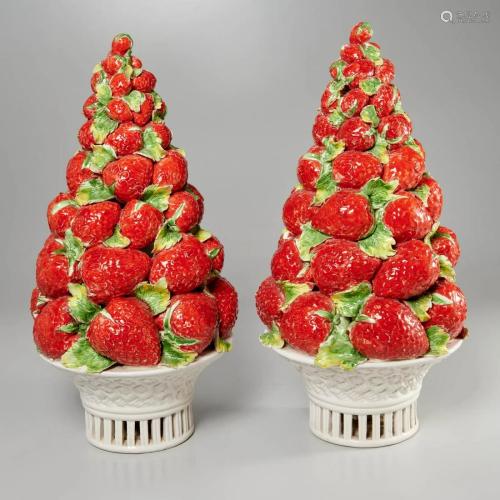 Pair Italian ceramic strawberry topiaries