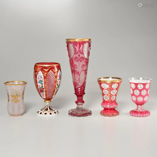 Elegant group pink Bohemian glass vases