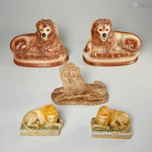 Group ceramic lions, Staffordshire & Folk