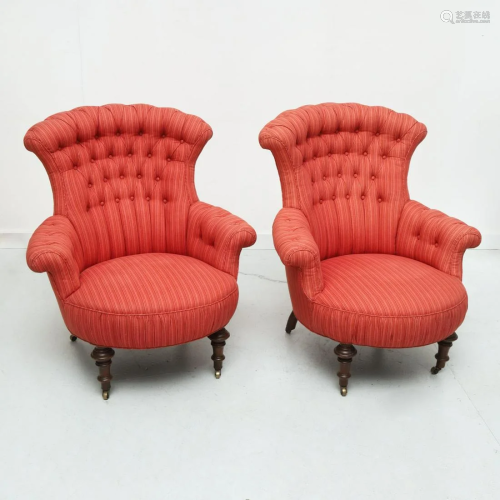 Pair Victorian custom upholstered armchairs