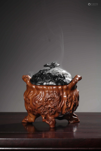 A CARVED HUANGYANGMU TRIPOD CENSER AND COVER 创