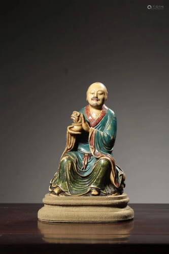 A PAINTED SOAPSTONE LUOHAN .QING PERIOD 清