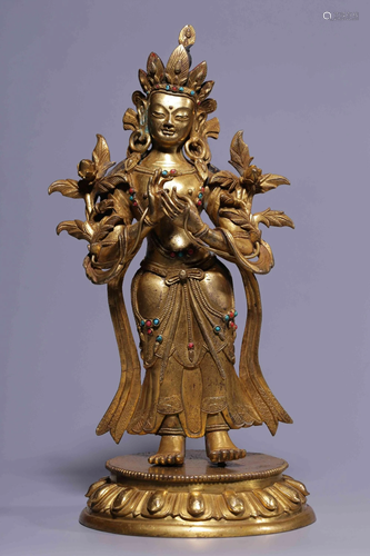 A GEM'S INLAID BRONZE STANDING GUANYIN.QING PERIOD