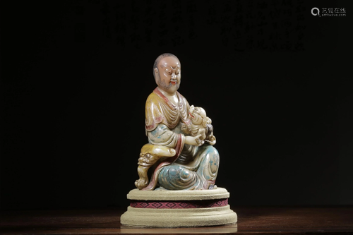 A PAINTED SOAPSTONE LUOHAN .QING PERIOD 清