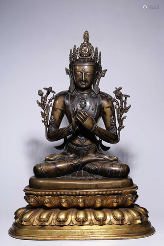 A SILVER -INLAID BRONZE MANJUSHRI.QING PERIOD 清