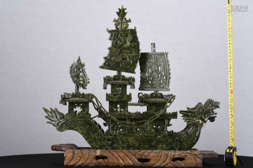 Large Jade Stone Carved Dragon Boat
