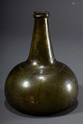 Antike Kugelflasche aus grünem Waldglas, Deutsch 17./18.Jh., H. 18cm, etwas def