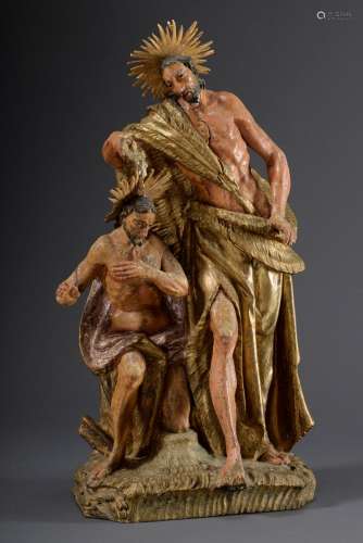 Schnitzerei „Taufe im Jordan“, Holz farbig gefasst, 18. Jh., H. 52cm, Strahlenk