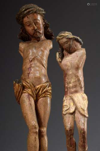 2 Diverse „Corpus Christi“ Fragmente, Holz geschnitzt, farbig gefasst, wohl Alp