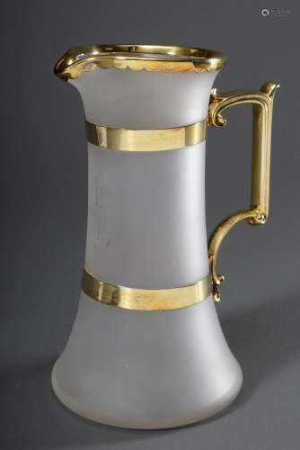 Englische Mattglas Schankkanne mit Silber 925 vergoldeter Montierung und gravie