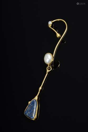 Avantgardistischer Silber vergoldeter Ohrhänger mit Zuchtperlen und Lapislazuli