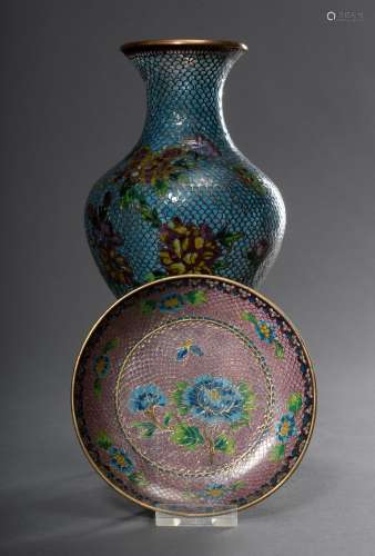2 Diverse Teile Plique à jour Cloisonné: Vase (H. 20,5cm) und Tellerchen (Ø 12,