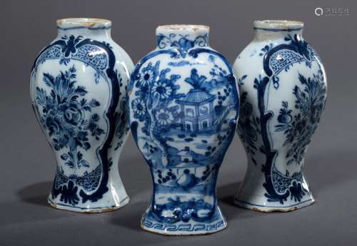 3 Diverse kleine Fayence Vasen mit Blaumalereidekoren 