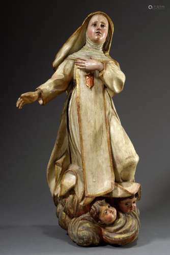 Schnitzerei „Hl. Teresa von Ávila“, Holz weiß/gold gefasst mit eingesetzten Gla