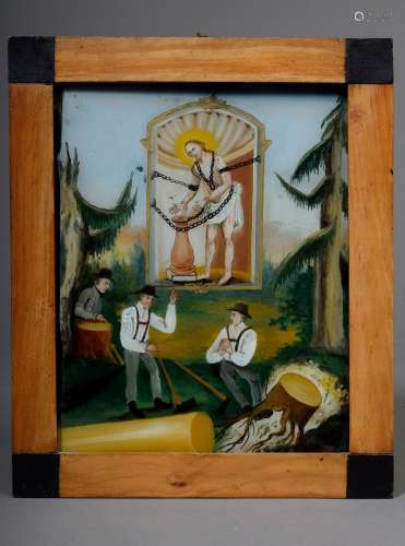 Hinterglas Votivbild „Gegeißelter Christus erscheint Holzarbeitern