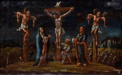 Andachtsbild „Kreuzigungsgruppe“, Öl/Leinwand, Alpenländisch Anfang 18.Jh., 20,