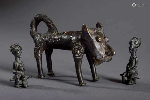 3 Diverse Ashanti Goldgewichte: Leopard und Figurenpaar, Bronze, Ghana, 8x13cm,