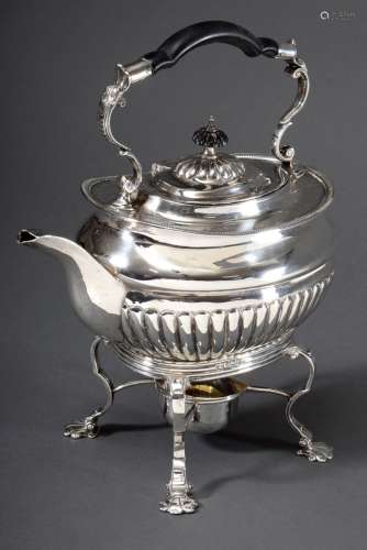 Englische Rechaud Teekanne im Queen Anne Stil auf Muschelfüßen mit Bakelit Grif