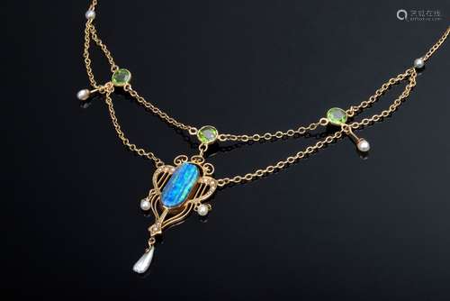 Jugendstil RG 375 Collier mit kleinen Saatperlen, Peridot und Boulderopal, um 1