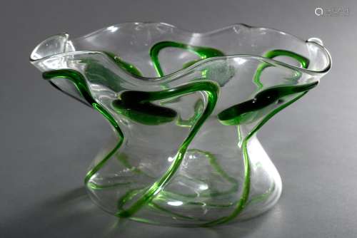Große sechspassige Jugendstil Glas Schale mit grünen Tropfenauflagen, wohl Gräf