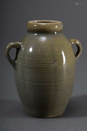 Kleines Keramik Henkelväschen mit graugrüner Glasur und Streifenmuster, Japan,