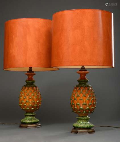 Paar Keramik „Ananas“ Lampen mit grün/oranger Glasur, Deutsche Werkstätten, H.