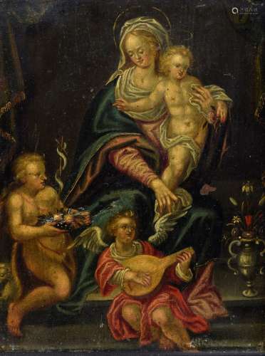 Andachtsbild „Muttergottes mit Jesus und Johannes“, Öl/Kupfer, Deutsch um 1620,