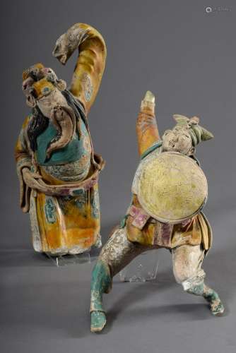2 Diverse figürliche Keramik Bauplastiken, farbig glasiert, China Qing Dynastie