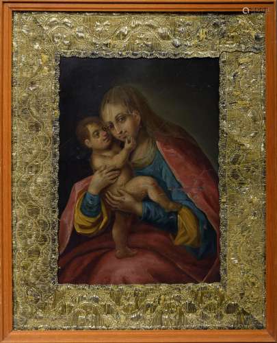 Andachtsbild „Muttergottes mit Kind“, Öl/Kupfer, Süddeutsch 18. Jh., 21x15cm (m