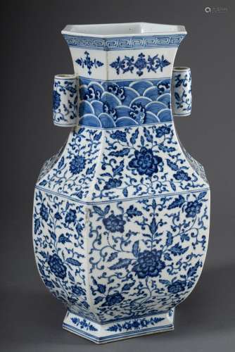Große sechseckige Porzellan Vase in Hu-Form mit Blaumalerei Dekoration 