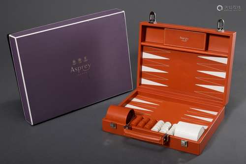 Asprey Backgammon Koffer in Original Verpackung, orangefarbenes Leder, 20.Jh.,