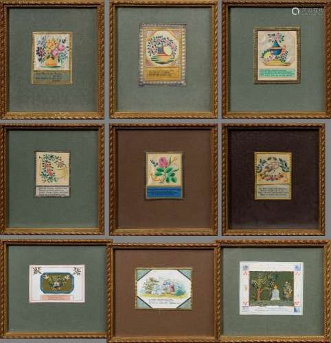 9 Rähmchen mit Biedermeier Poesiesprüchen auf Stoff gemalt/gedruckt, 19.Jh., ve