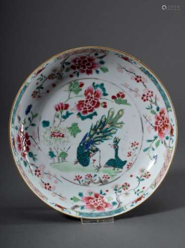 Chinesischer Porzellan Teller mit Famille Rose Malerei „Pfauen und Päonien“ mit