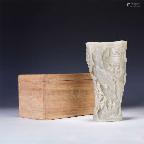 A LARGE CHINESE CARVING WHITE JADE BRUSH POT