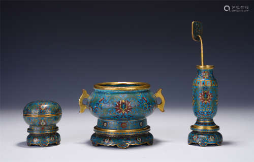 THREE OF CHINESE CLOISONNE FLOWERS BOX INCENSE AND VASE