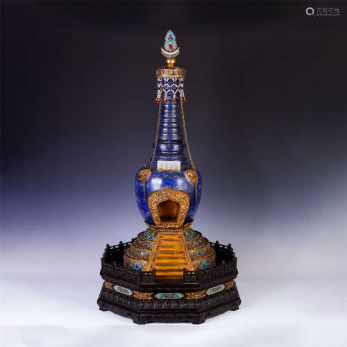 A CHINESE CARVED LAPIS STONE BUDDHIST NICHE TOWER