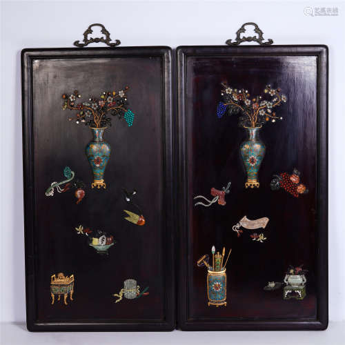 A PAIR OF CHINESE ZITAN HANGED SCREENS WITH GEM STON INLAID