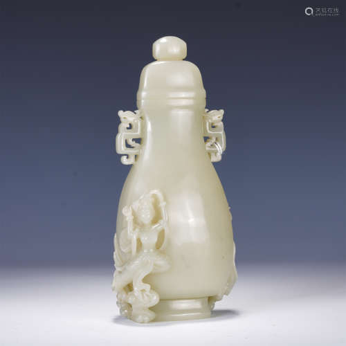 A CHINESE CARVING WHITE JADE VIEWS VASE AND COVER