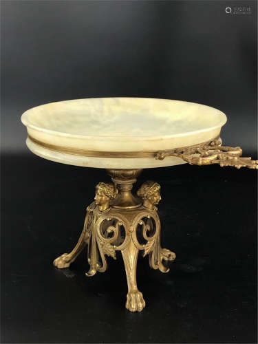 A FRANCE BRONZE FRUIT DISH WITH STONE INLAID