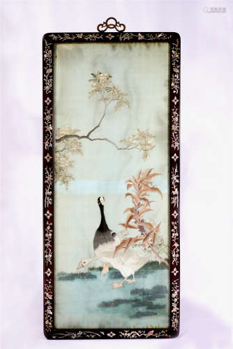 A CHINESE HANGED SCREENS WITH TWIN DUCKS ALONG THE RIVER