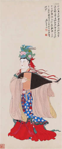 A CHINESE SCROLL PAINTING OF FIGURE BEAUTY & CALLIGRAPHY