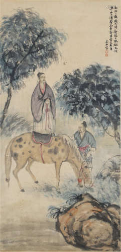 A CHINESE SCROLL PAINTING OF SCHOLAR'S AND RUNNING STEED