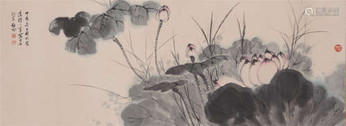 A CHINESE PAINTING OF LOTUS BLLOSOMMING IN RIVE