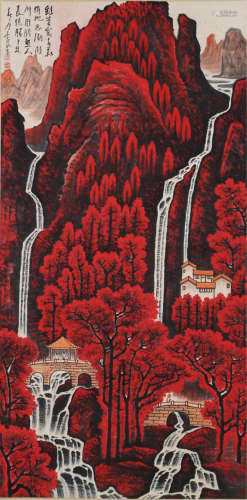 A CHINESE SCROLL PAINTING OF MAPLE LEAVES WATERFALL