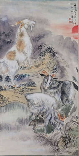 A CHINESE SCROLL PAINTING OF THREE RAMS ON THE ROCK