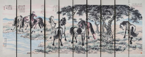 TEN CHINESE SCROLL PAINTING OF RUNNING STEED UNDER PINES TREE