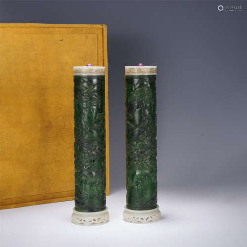 A PAIR OF CHINESE CARVED SPINACH JADE INCENSE CAGES