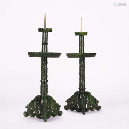 A PAIR OF CHINESE SPINACH JADE  FOUR FOOT CANDLE HOLDERS