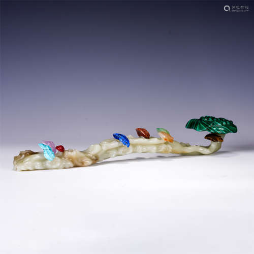 A CHINESE CARVING WHITE JADE RUYI SCEPTER WITH GEM STON INLAID